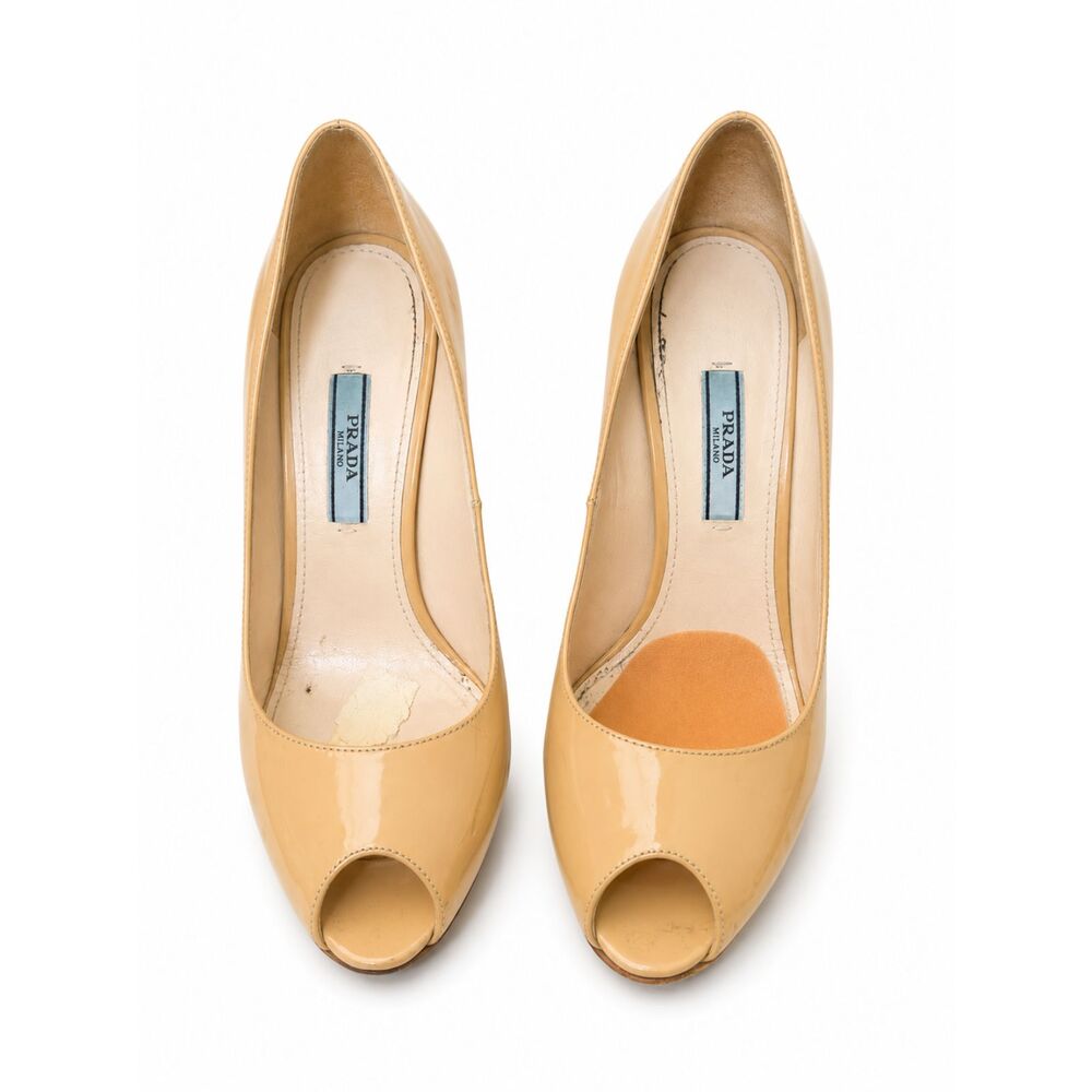 Prada Nude Patent Leather Peep Toe Stiletto Pumps Size 6.5